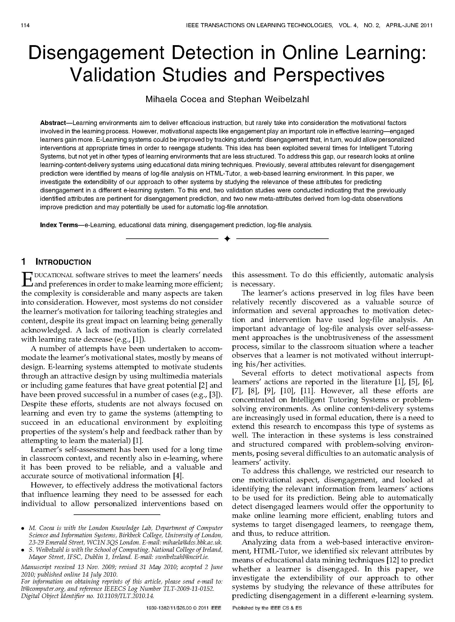 Disengagement Detection in Online Learning: Validation Studies and Perspectives